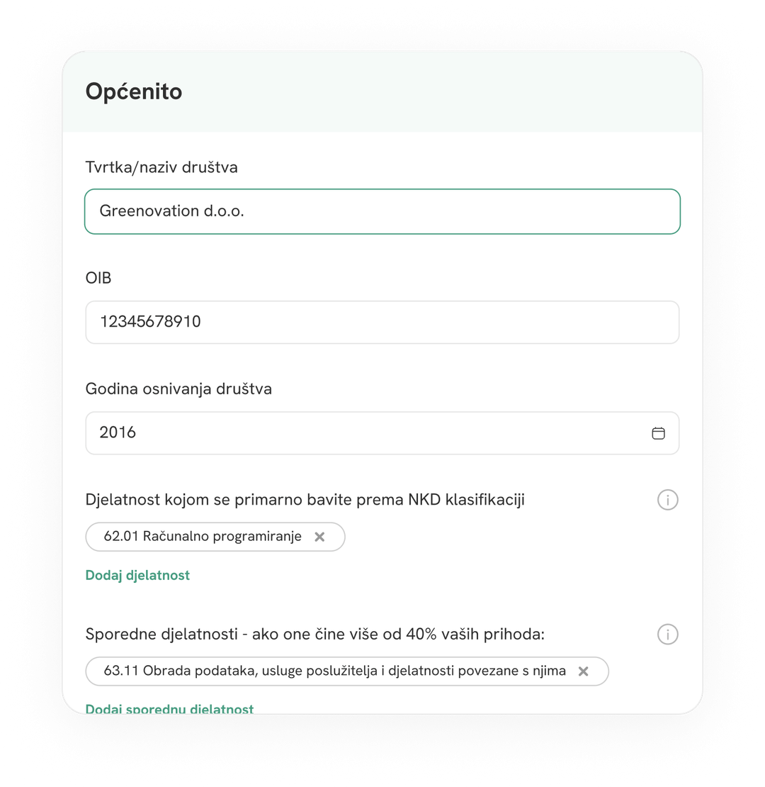 Unesite podatke o svojem poslovanju
